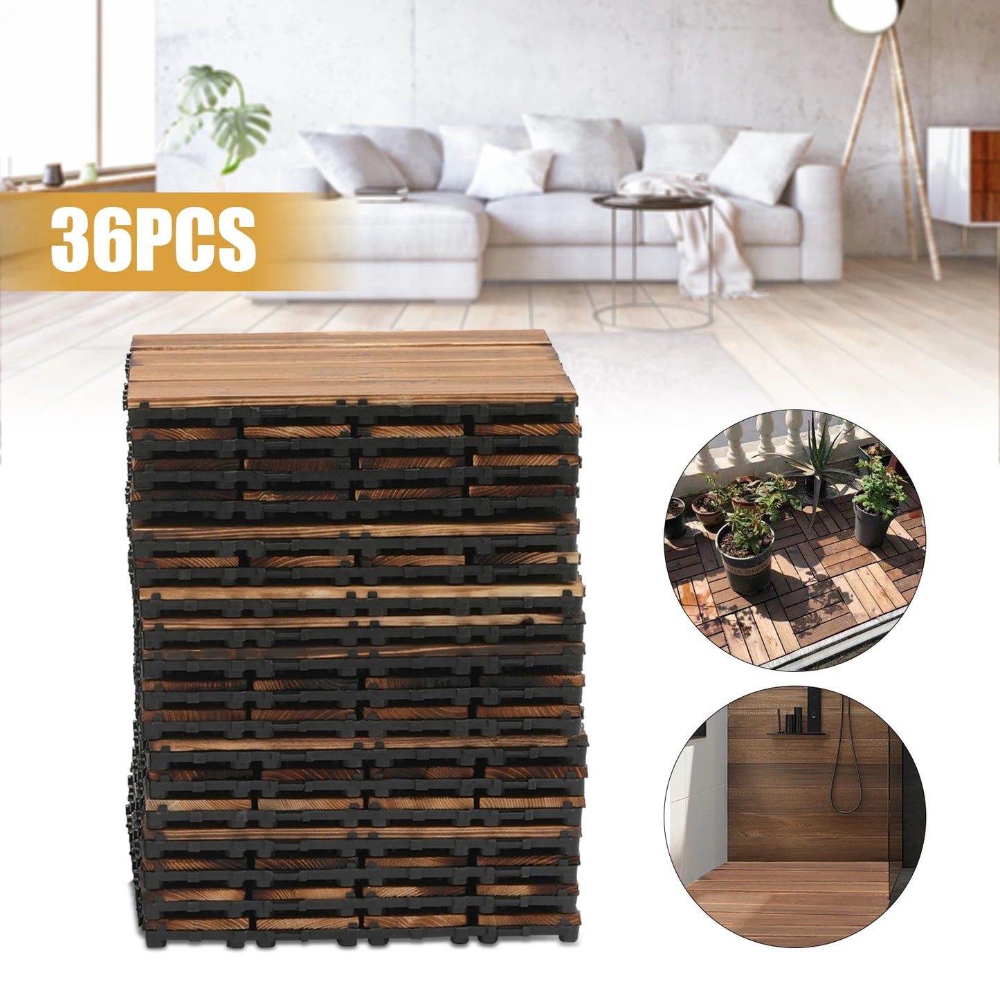 36‑Pack Hardwood Interlocking Patio Deck Tiles – 12" × 12" Outdoor Flooring for Patios, Balconies & Walkways