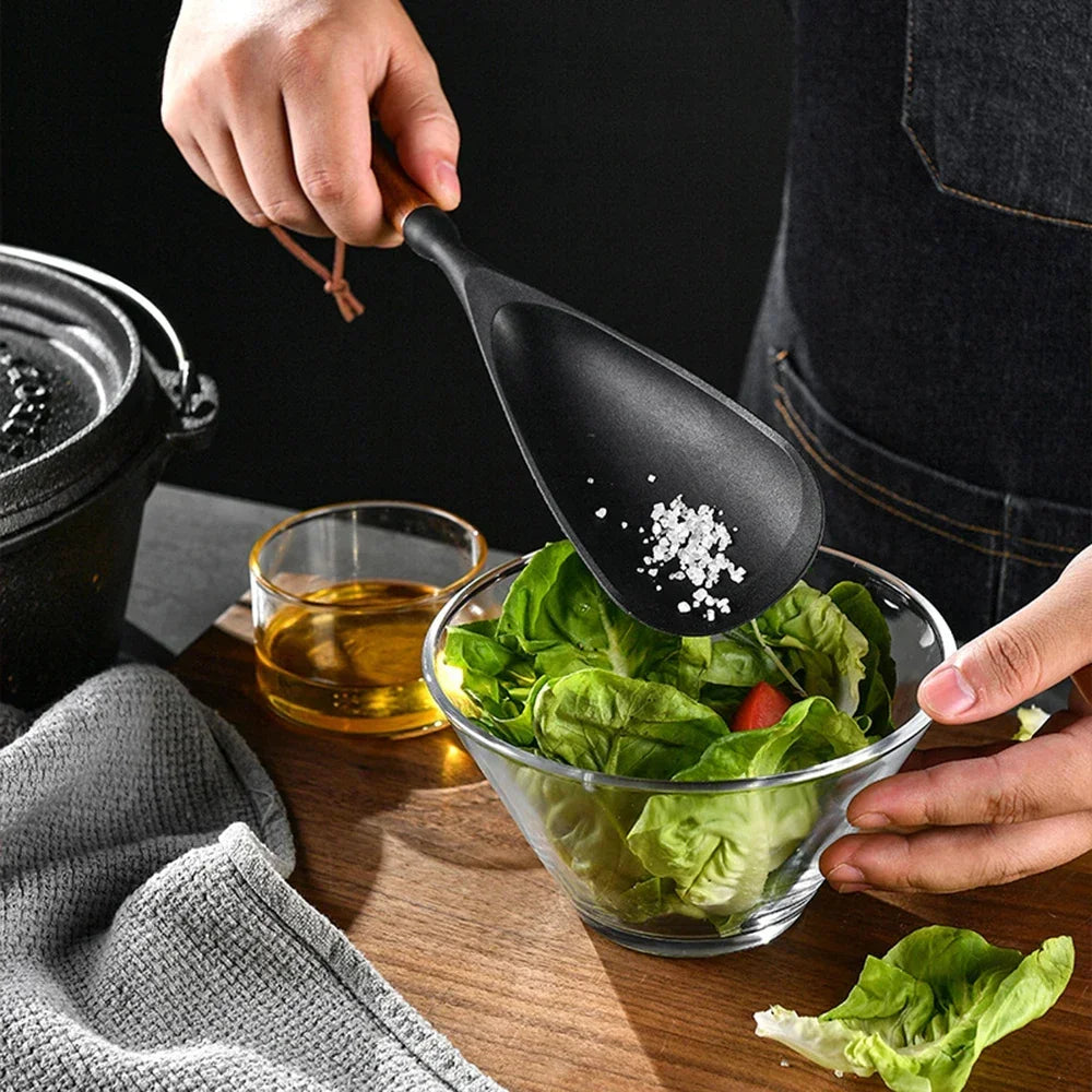 7Pcs Black Silicone Wooden Handle Cooking Tool Non-stick Kitchen Utensils