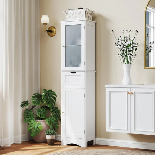 67" Tall Bathroom Storage Cabinet, Slim Freestanding W/ 2 Doors & 1 Drawer