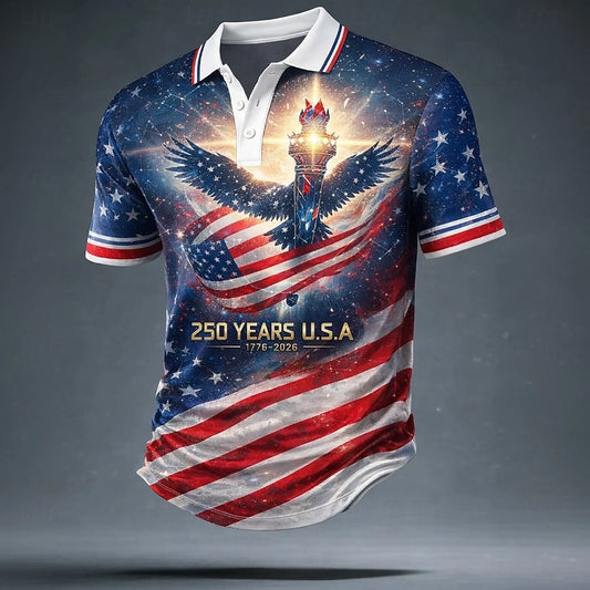 USA 250 Year Anniversary  American Flag Polo Shirt