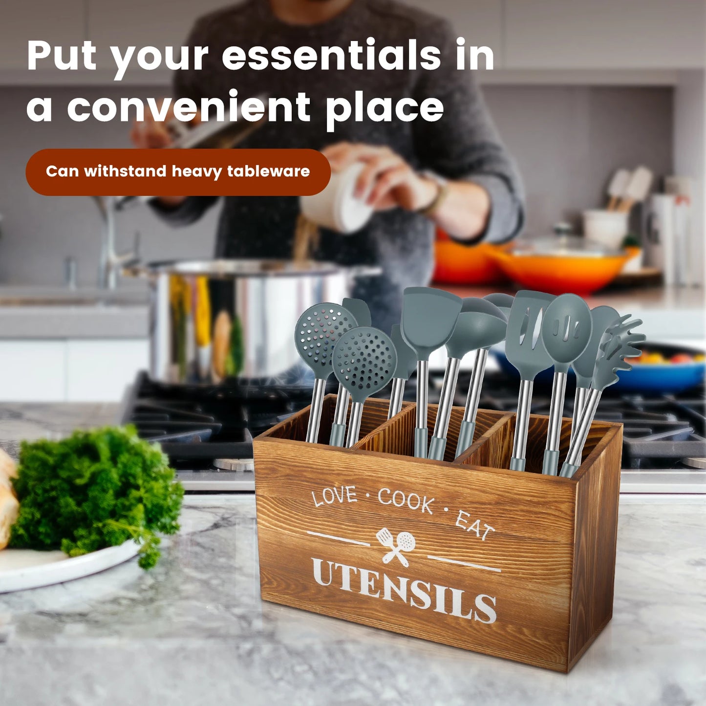 Wood Kitchen Utensil Holder – Large Spoon, Fork & Tableware Storage Caddy Organizer