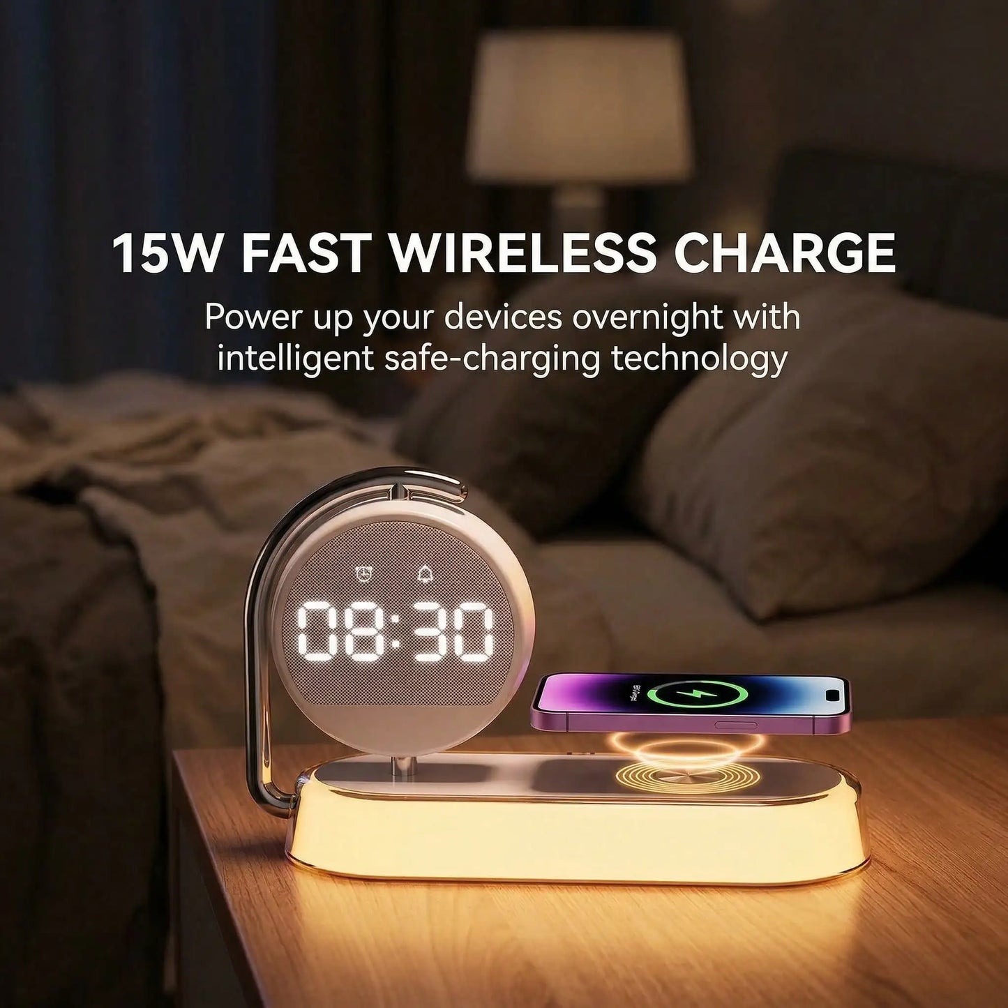 5-in-1 Minimalist Charging Station – Smart Bedside Alarm Clock & Night Light