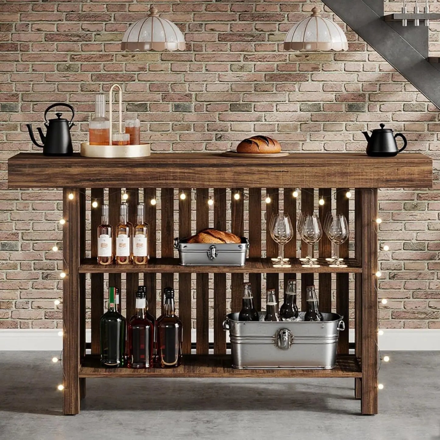 63" Counter Height Bar Table with Footrest 2-Tier Storage Shelf