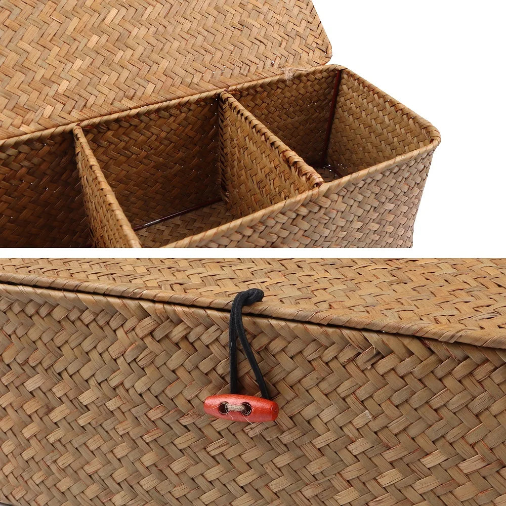 Hand-Woven 3-Section Storage Organizer with Lid