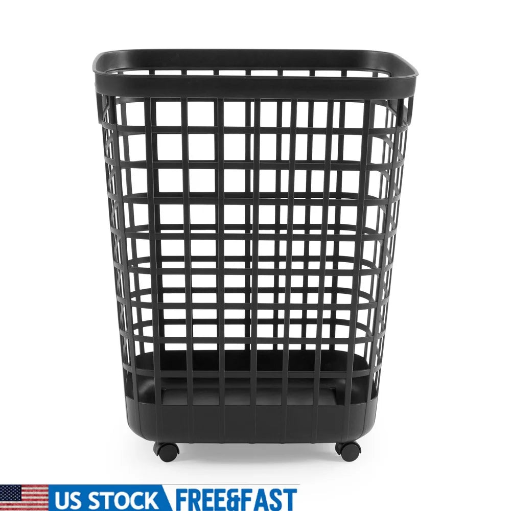 Rolling Laundry Hamper - Black Plastic Storage Bin Open Top Portable with Casters Easy Clean Durable for Home or Dorm Room
