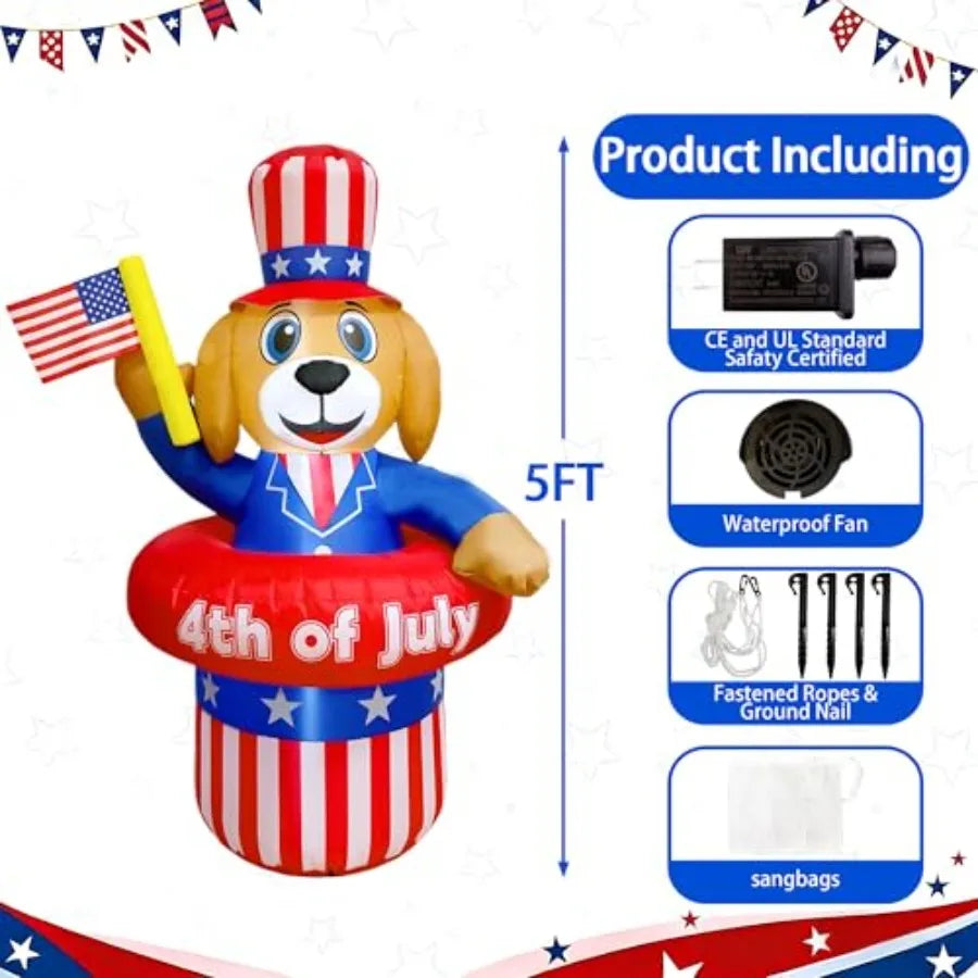 5FT Patriotic Puppy Inflatable – 4th of July Blow‑Up Decoration with Hat & Waving USA Flag