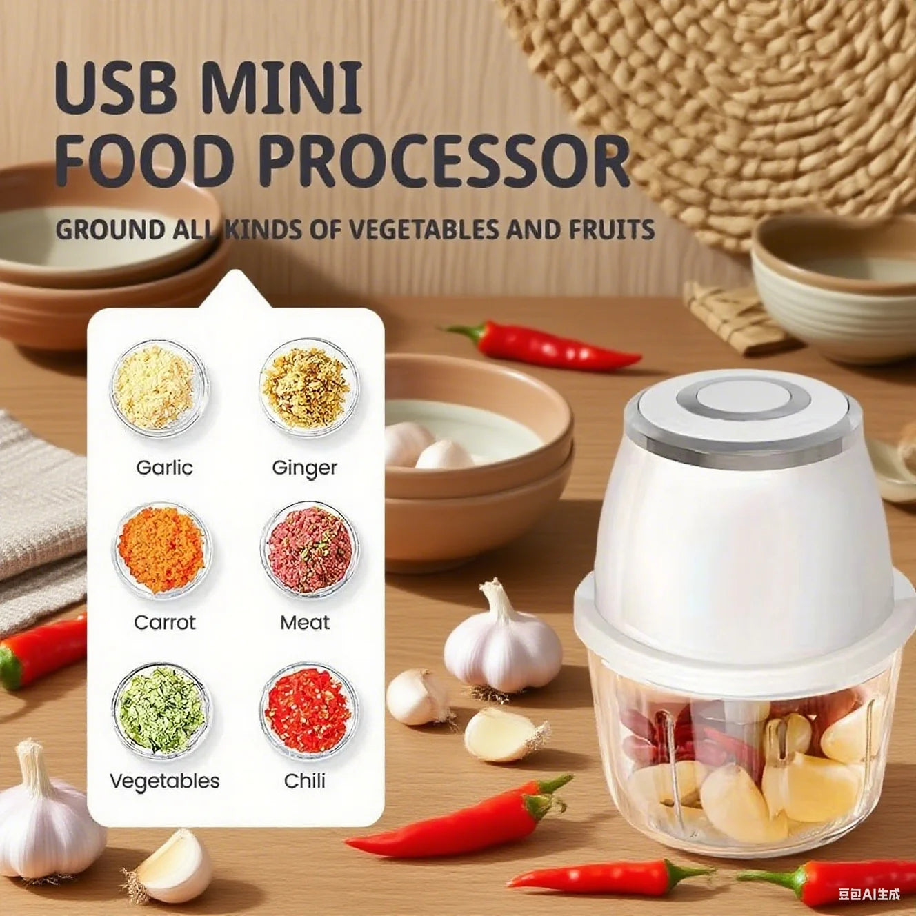 350ML Electric Food Processor – USB Meat Grinder, Garlic Masher & Multi‑Function Veggie Chopper
