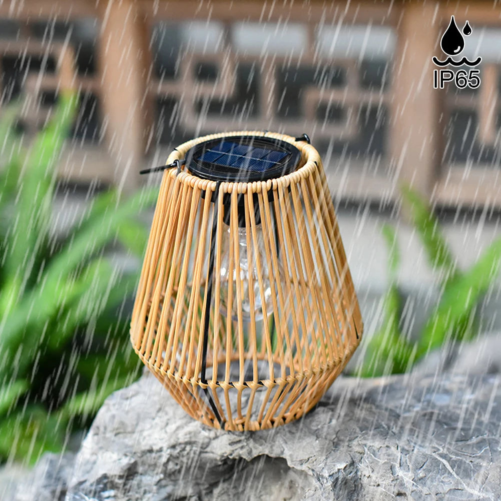 Outdoor Hanging Solar Lantern - Waterproof, Rattan Bamboo