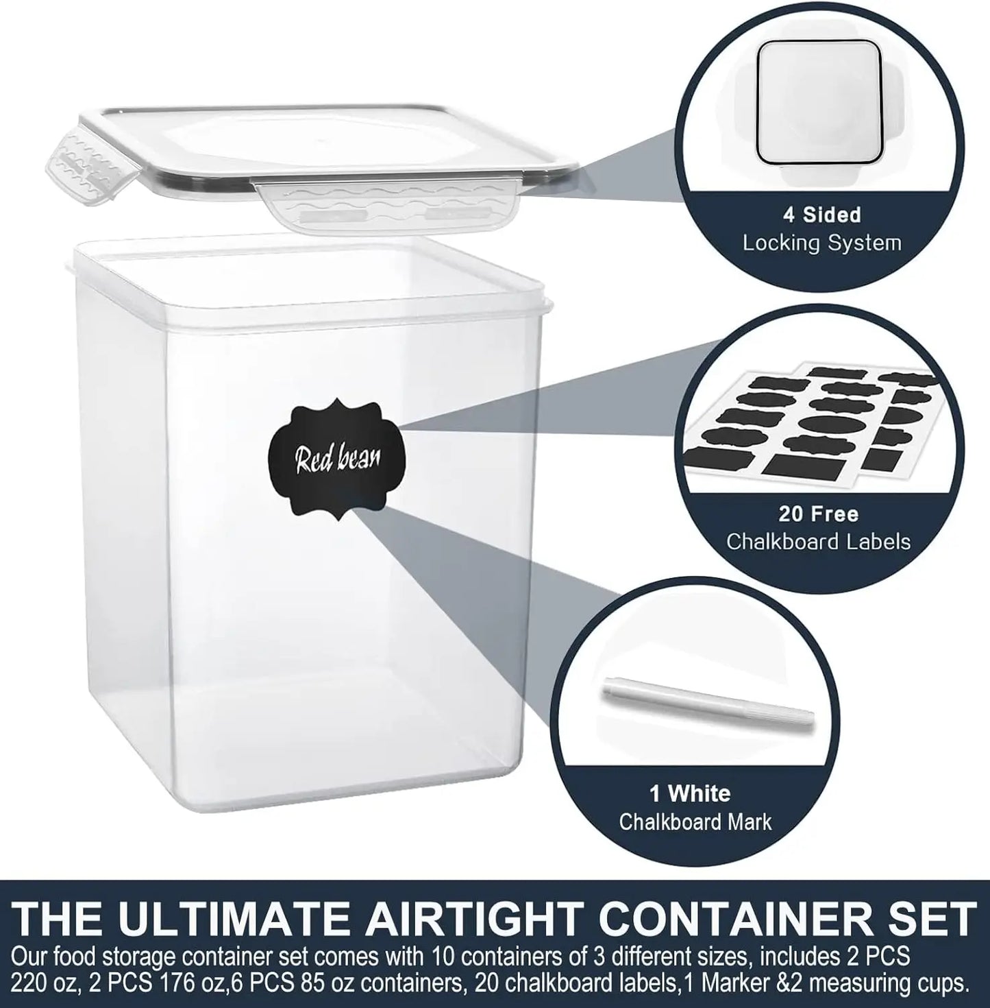 Large Airtight Food Storage Containers, 10-Pack Plastic Kitchen Pantry Organization for Flour Sugar Canisters with Labels