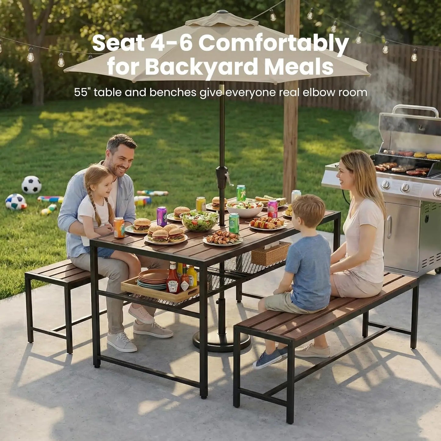 55" HDPE Picnic Table Set – Umbrella Hole, Shelf & 2 Movable Benches, All‑Weather Metal Frame