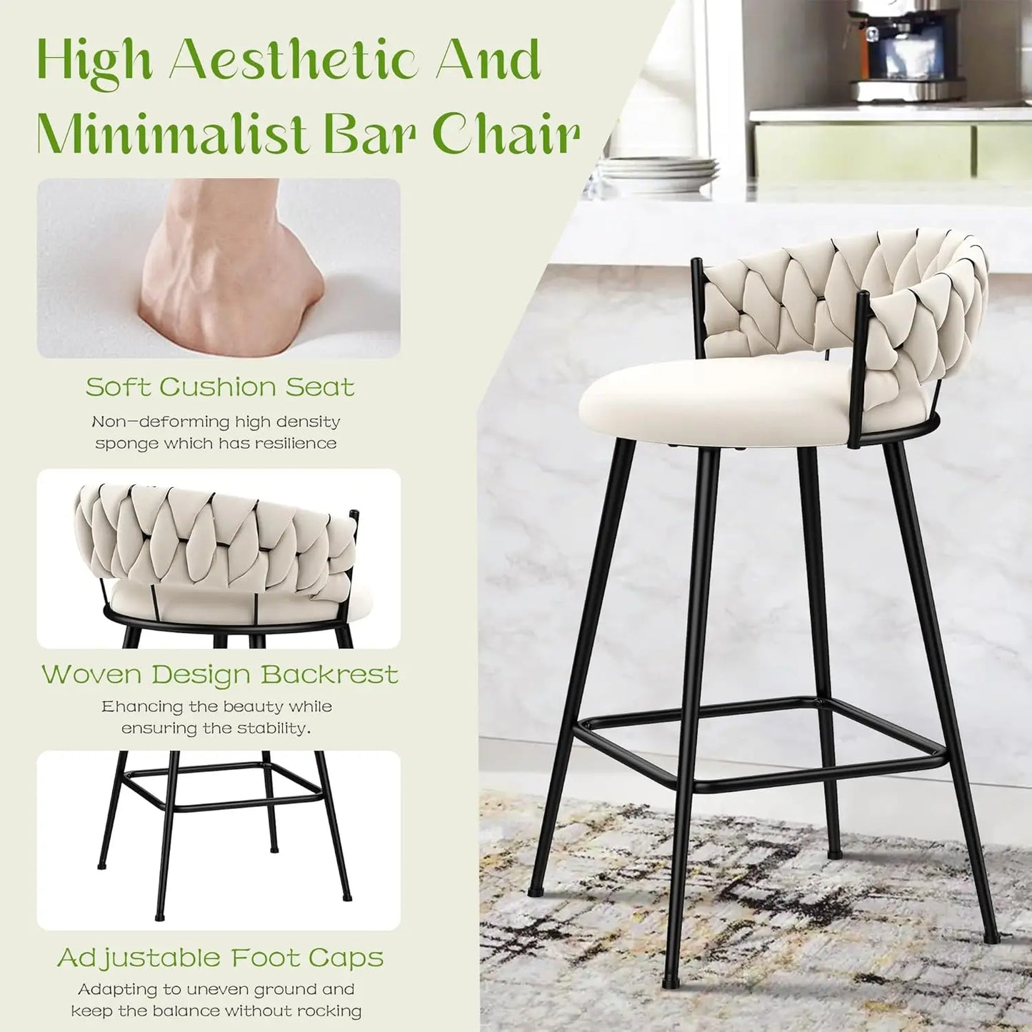 30" Metal Bar Stools (Set of 4) – Modern Counter Chairs with Woven Backrest