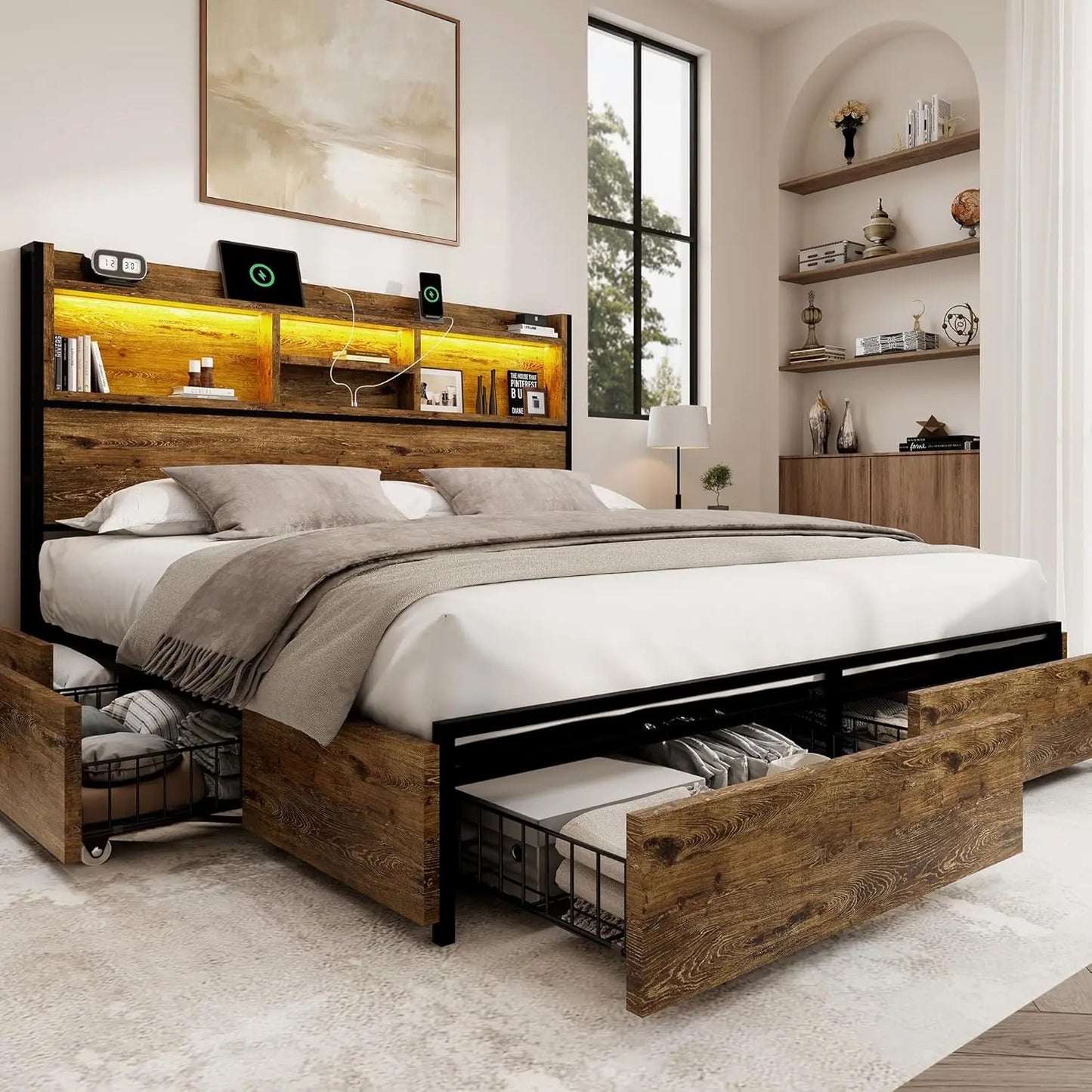 Queen Bed Frame with 6 Storage Drawers, Linen Upholstered Headboard, Built-in USB Charging Station & LED Lighting