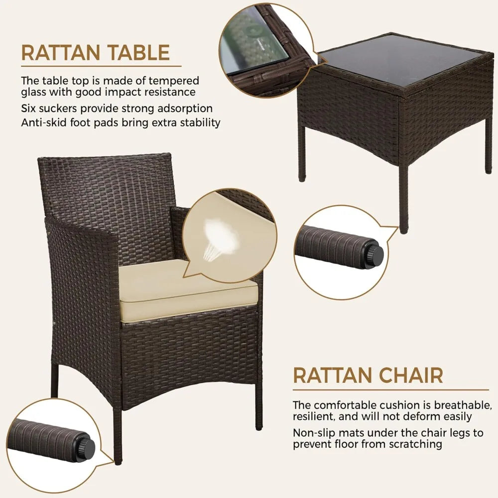 3-Piece Outdoor Patio Set: Rattan Chairs, Cushions, & Glass Top Table