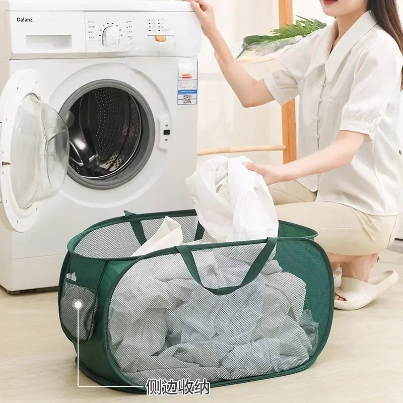 Durable Collapsible Laundry Basket, Mesh Pop Up Laundry Hamper With Side Pocket, Foldable Clothes Storage Hamper