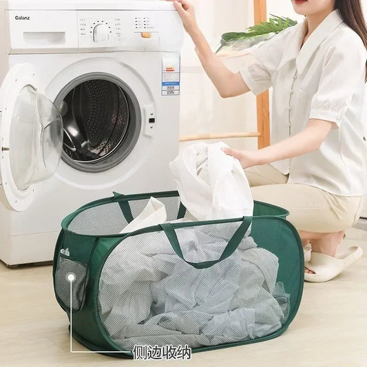 Durable Collapsible Laundry Basket, Mesh Pop Up Laundry Hamper With Side Pocket, Foldable Clothes Storage Hamper