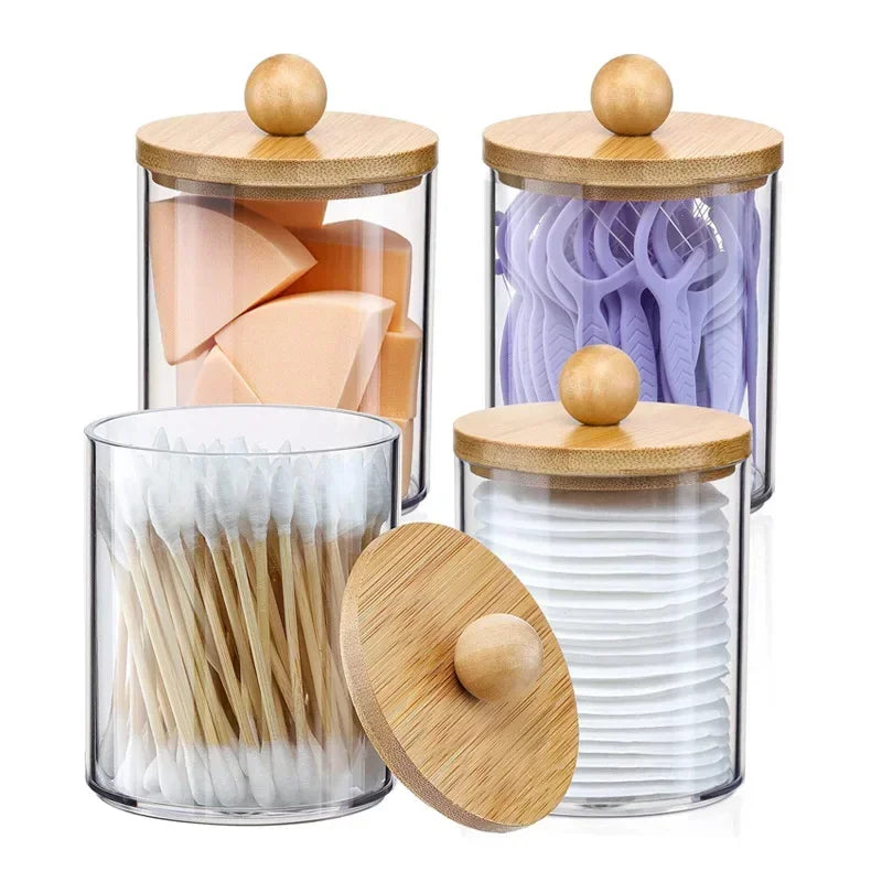 Storage Box and Jar Organizer, Cotton Balls, Cotton Round Pad Holder, Q-tip Dispenser with Bamboo Lid