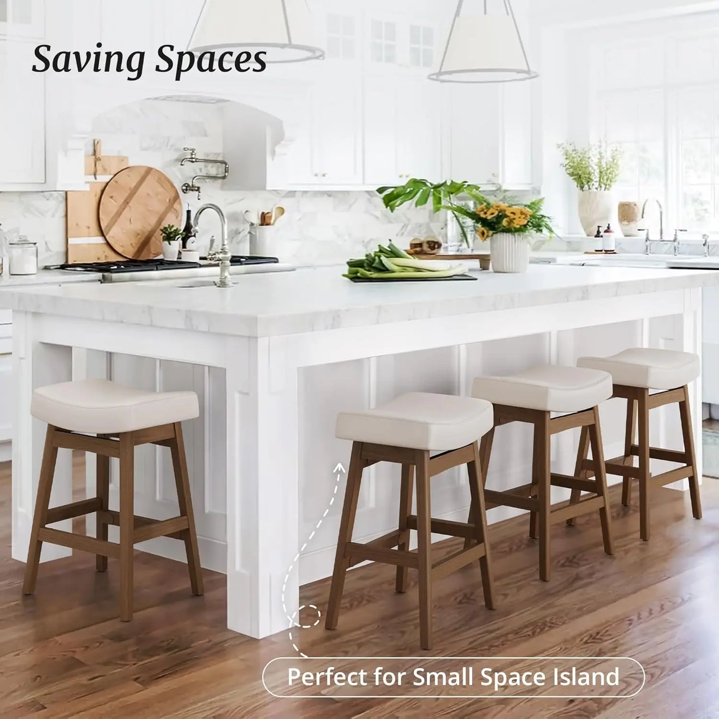 Set of 3 Barstools with Sturdy Wood Legs, Saddle Seat