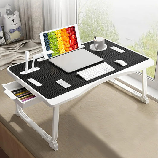 Foldable Laptop Bed Desk with USB Ports, Cup Holder & Drawer – Portable Bed/Sofa Work Tray