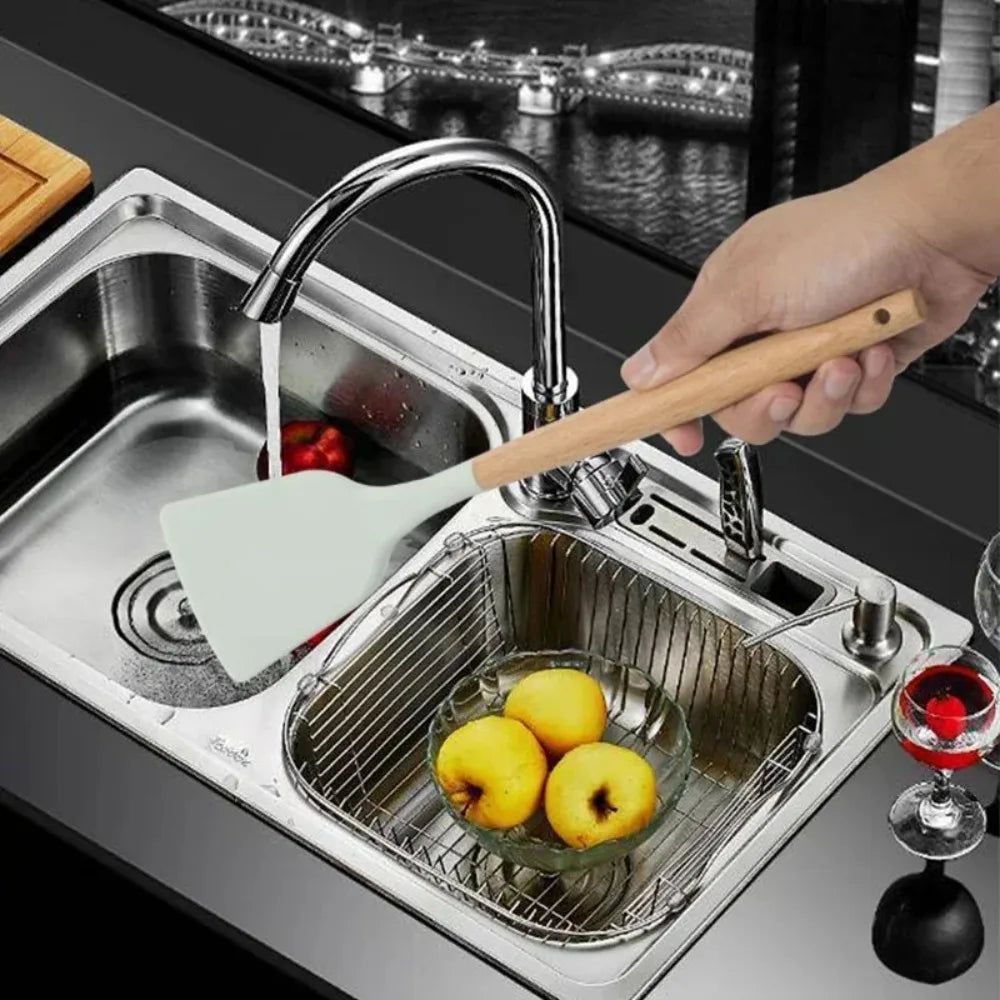 12‑Piece Non‑Stick Silicone Cooking Utensil Set – Wooden Handles, Heat‑Resistant Kitchen Tools with Storage Container