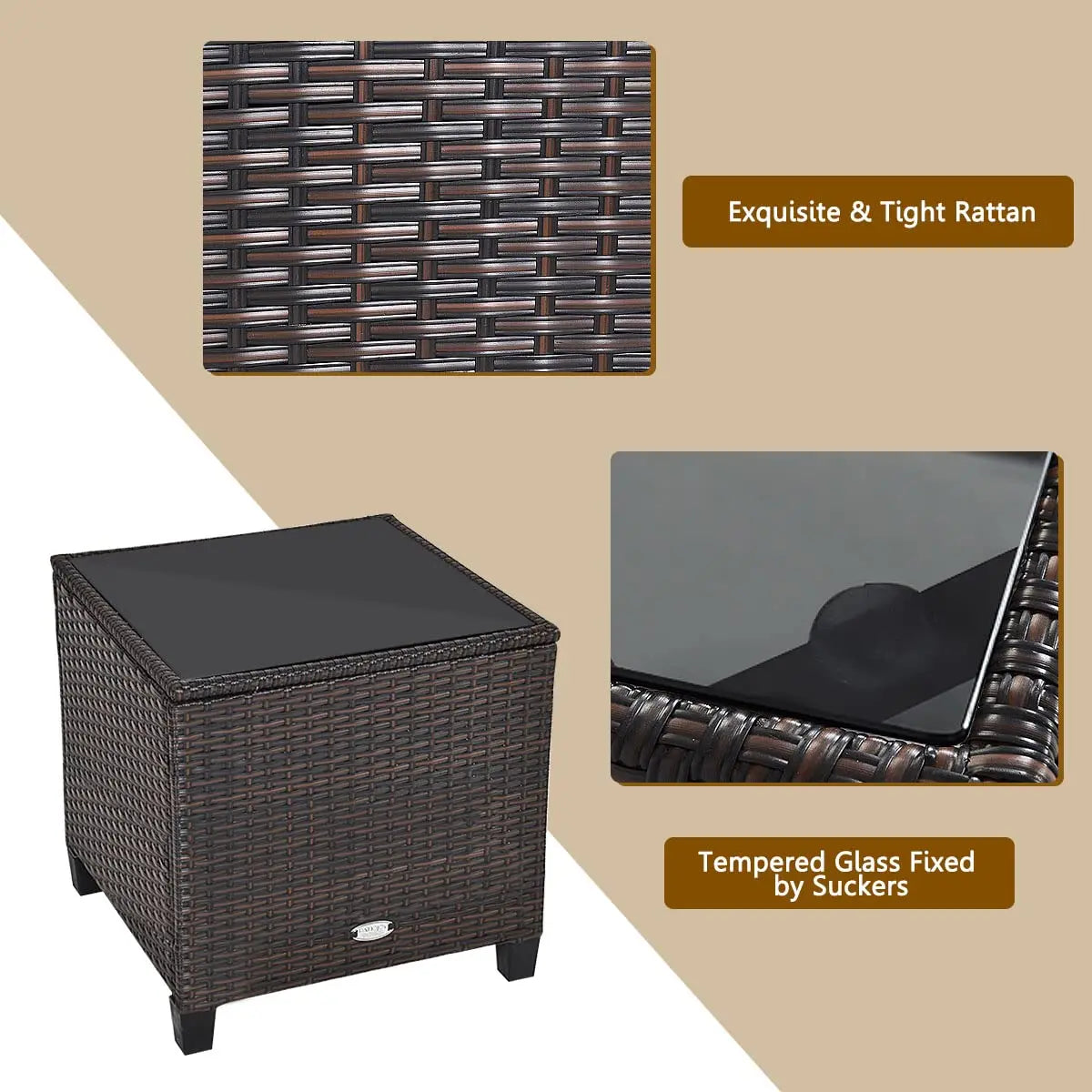 3‑Piece PE Rattan Patio Furniture Set – Outdoor Chairs with Washable Cushions & Tempered Glass Table (Multiple Colors)