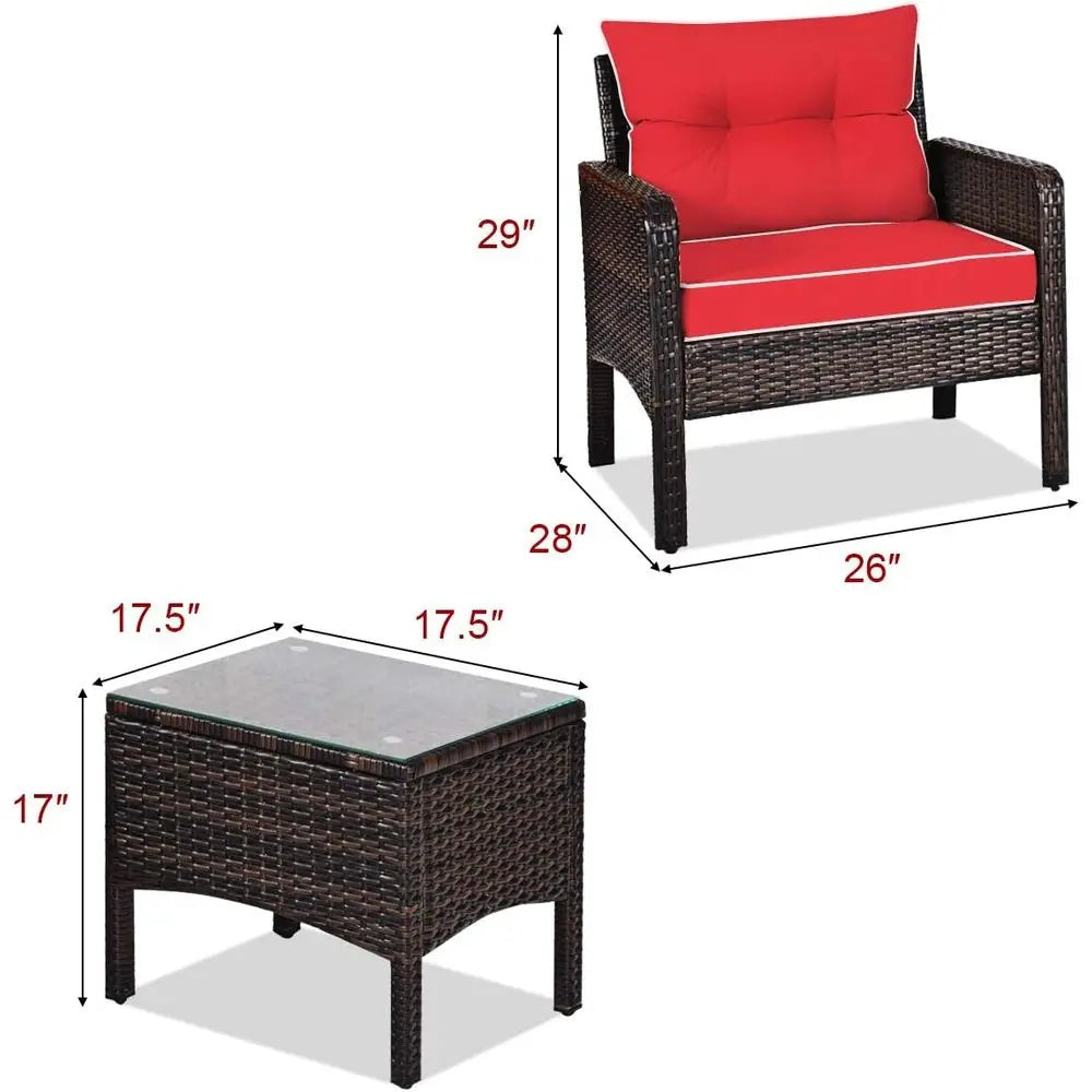3‑Piece Outdoor Patio Furniture Set – Wicker Chairs with Glass‑Top Coffee Table & Thick Cushions