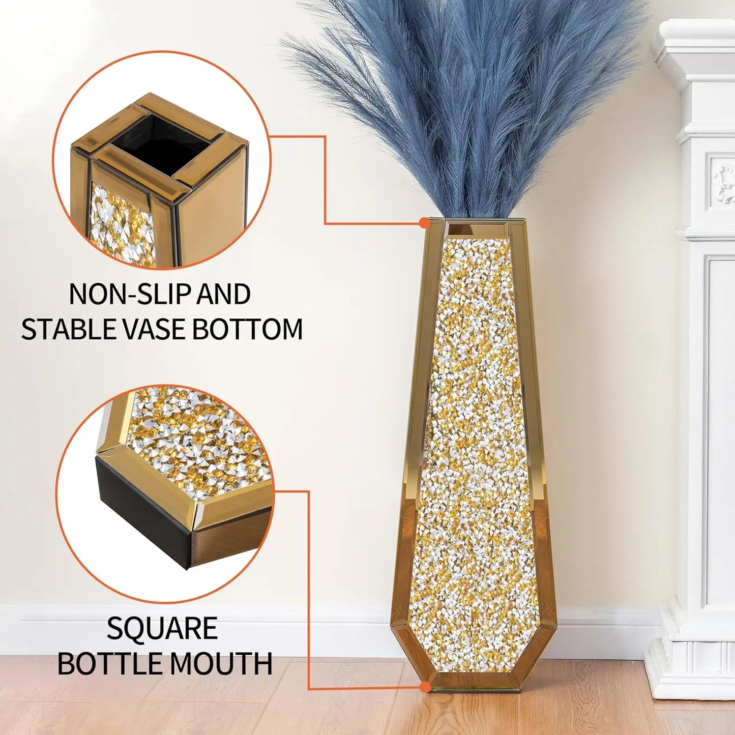 24" Gold Crushed Diamond Floor Vase – Tall Mirrored Crystal Decorative Vase for Pampas Grass & Home Décor