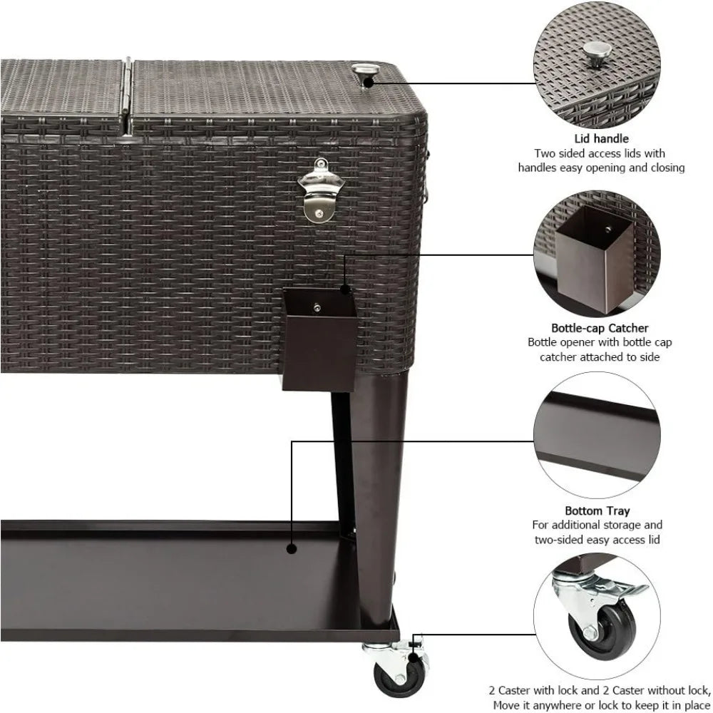 80QT Rolling Ice Chest – Portable Patio Party Cooler Cart with Shelf & Bottle Opener, Brown