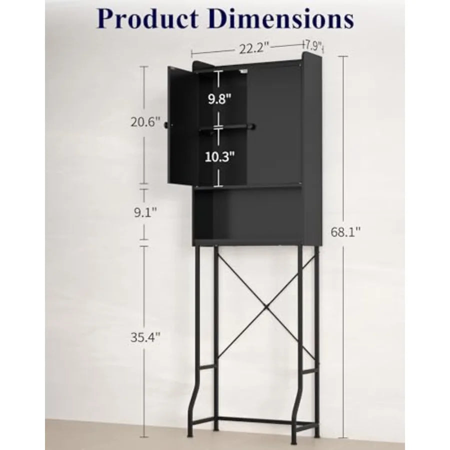 68 inch Over The Toilet Storage Cabinet - 3 Tier, Black with Adjustable Shelf
