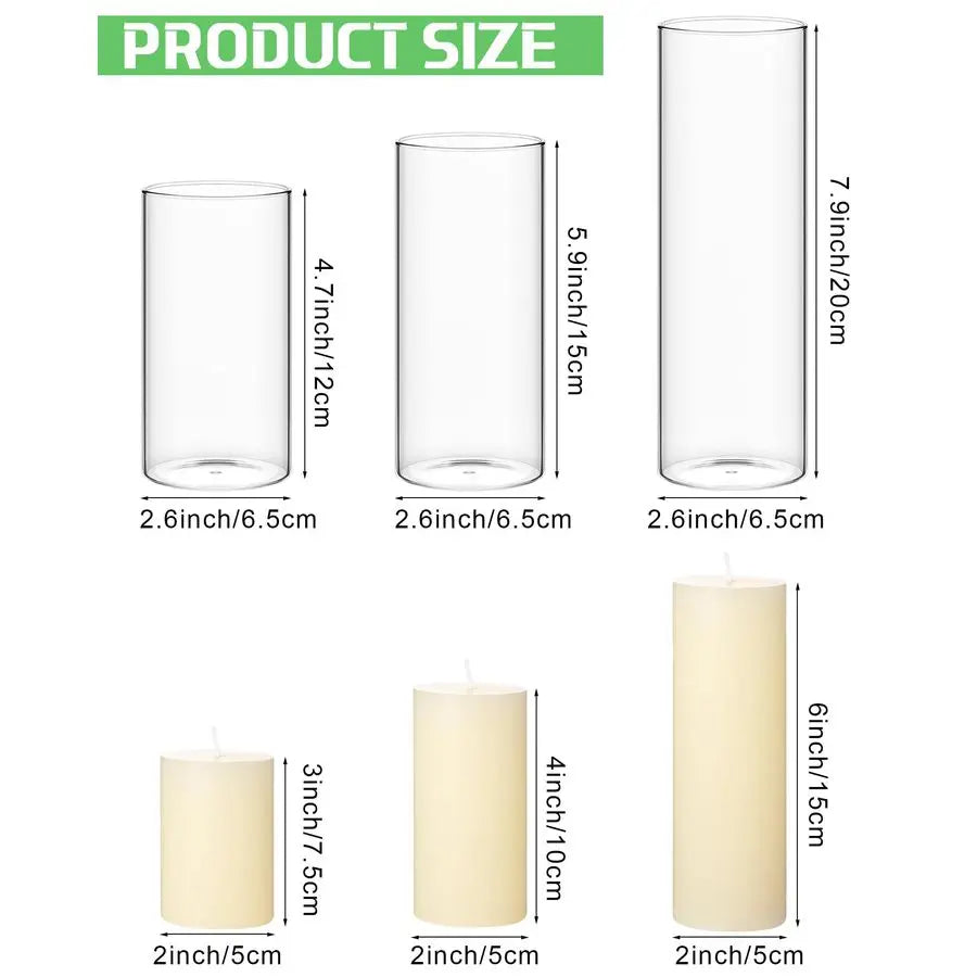 Set of 6 Pillar Candles with Glass Cylinder Vases