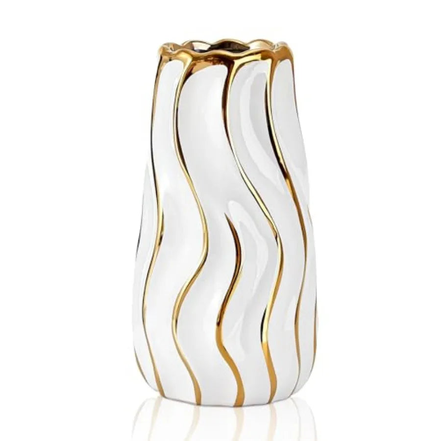 White Ceramic Vase – Vertical Stripe Decorative Flower Vase for Home, Bedroom, Office & Living Room Décor