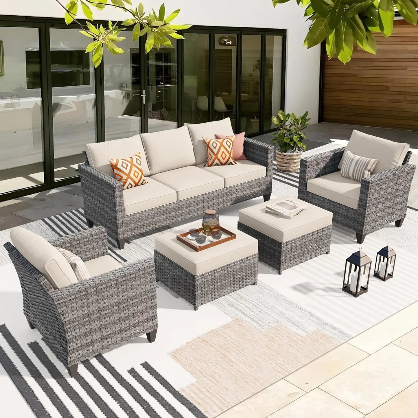 5 Piece Patio Outdoor Wicker Furniture Set - Sofa Couch With Chairs and Ottomans