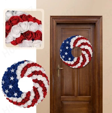 4th of July Rose Floral Wreath – American Flag Star Front Door Patriotic Garland