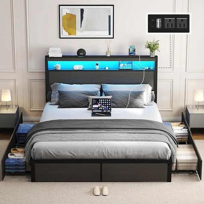 Queen Bed Frame with Storage Headboard and 4 Drawers, Metal Platform