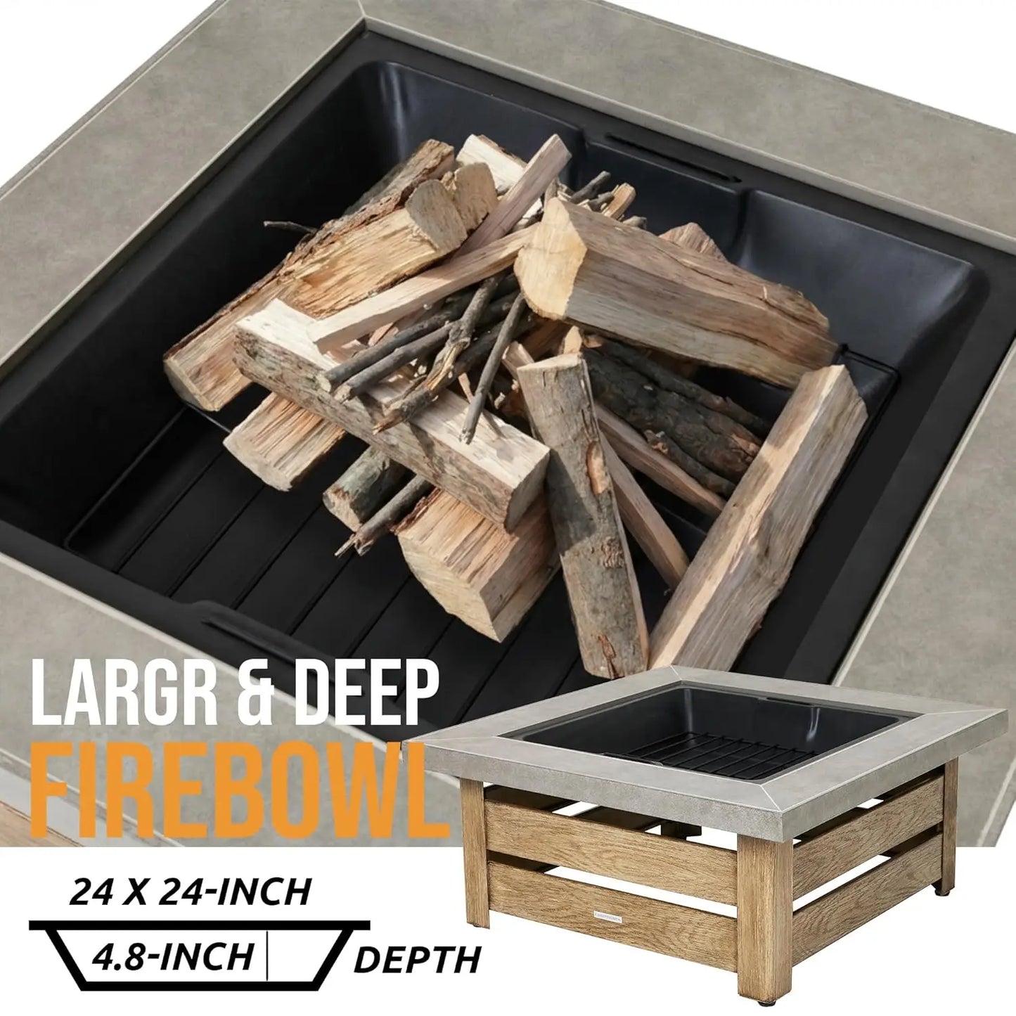 34" Wood Burning Fire Pit with Wood-Grain Side Panels with Mesh Cover