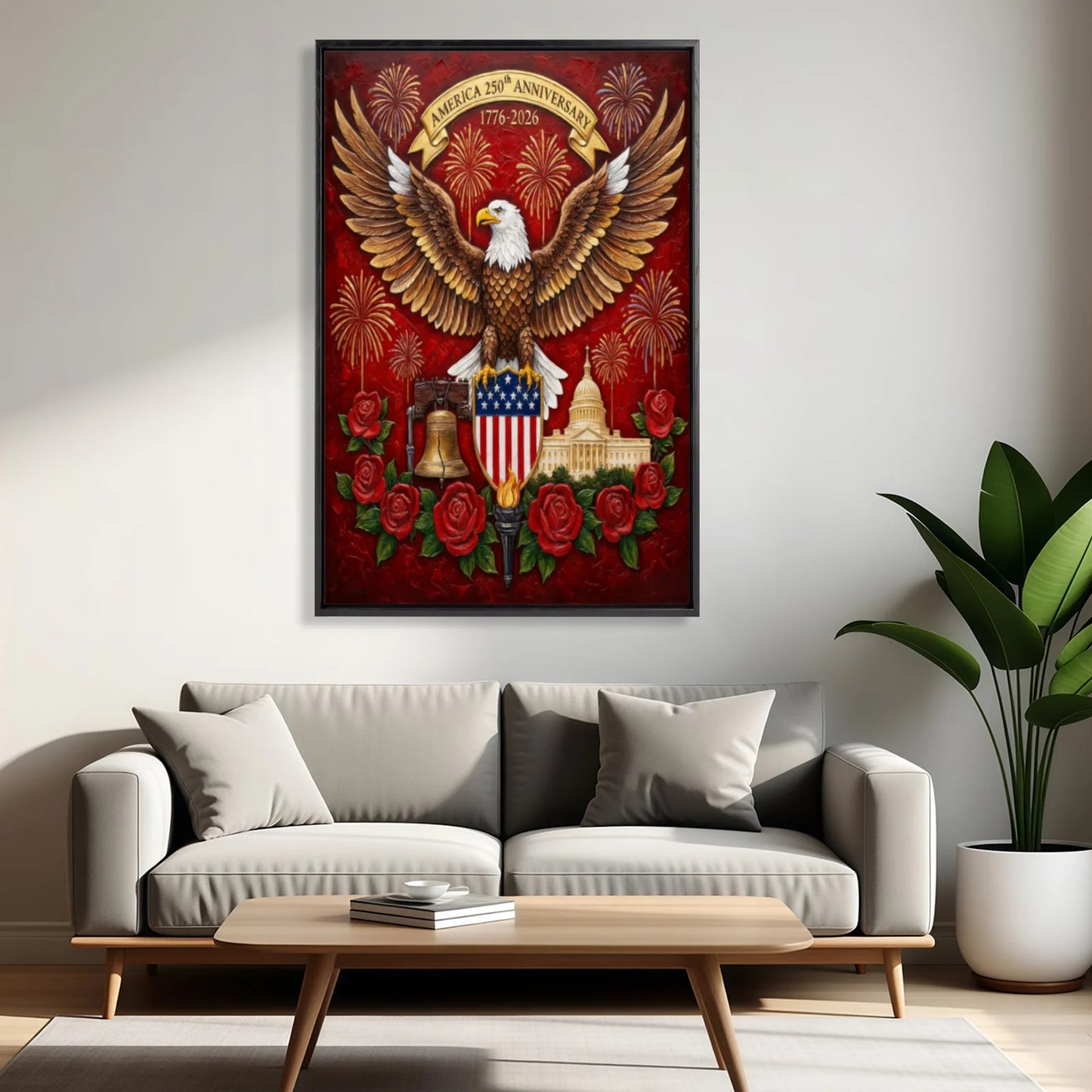 America 250th Anniversary Bald Eagle Framed Wall Art – 1776–2026 Independence Day Canvas Print, Ready to Hang
