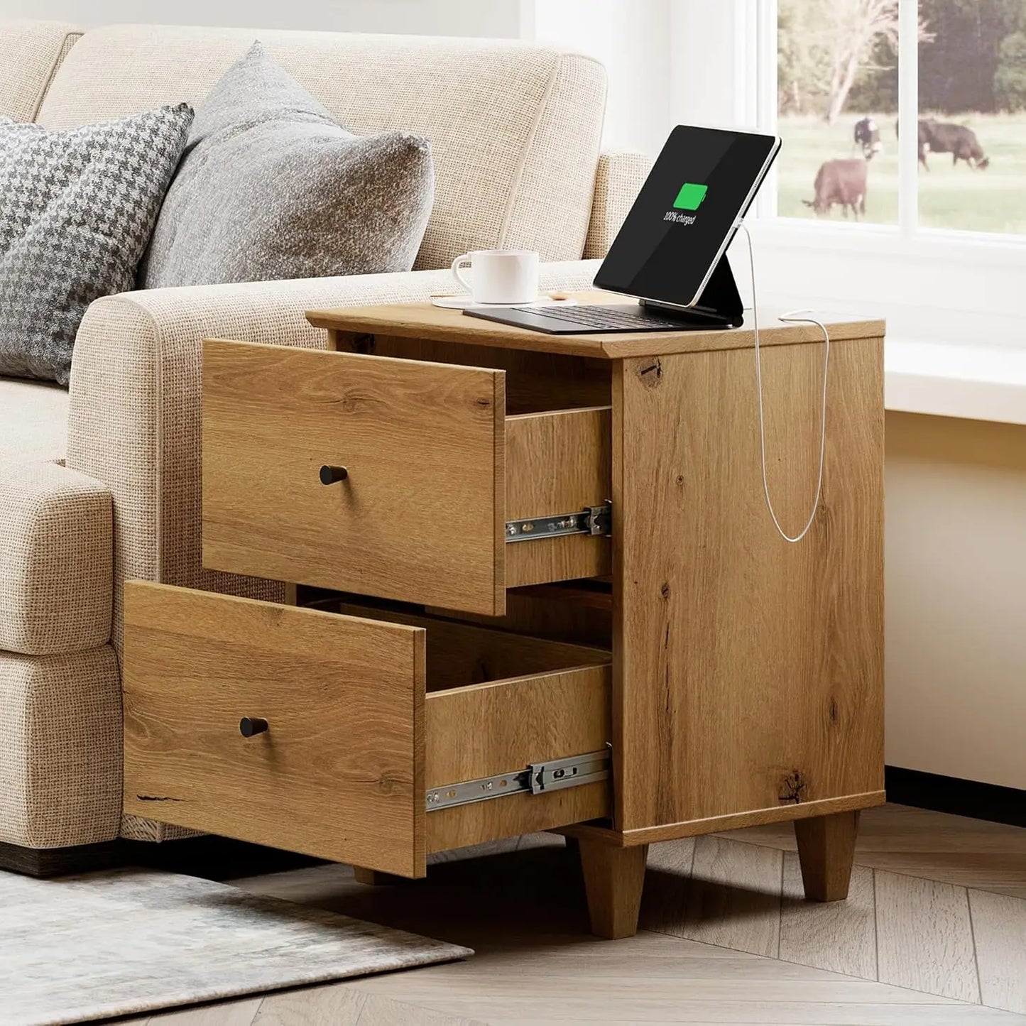 Nightstands with Charging Station – Wood Bedside Tables with 2 Drawers & AC Outlets