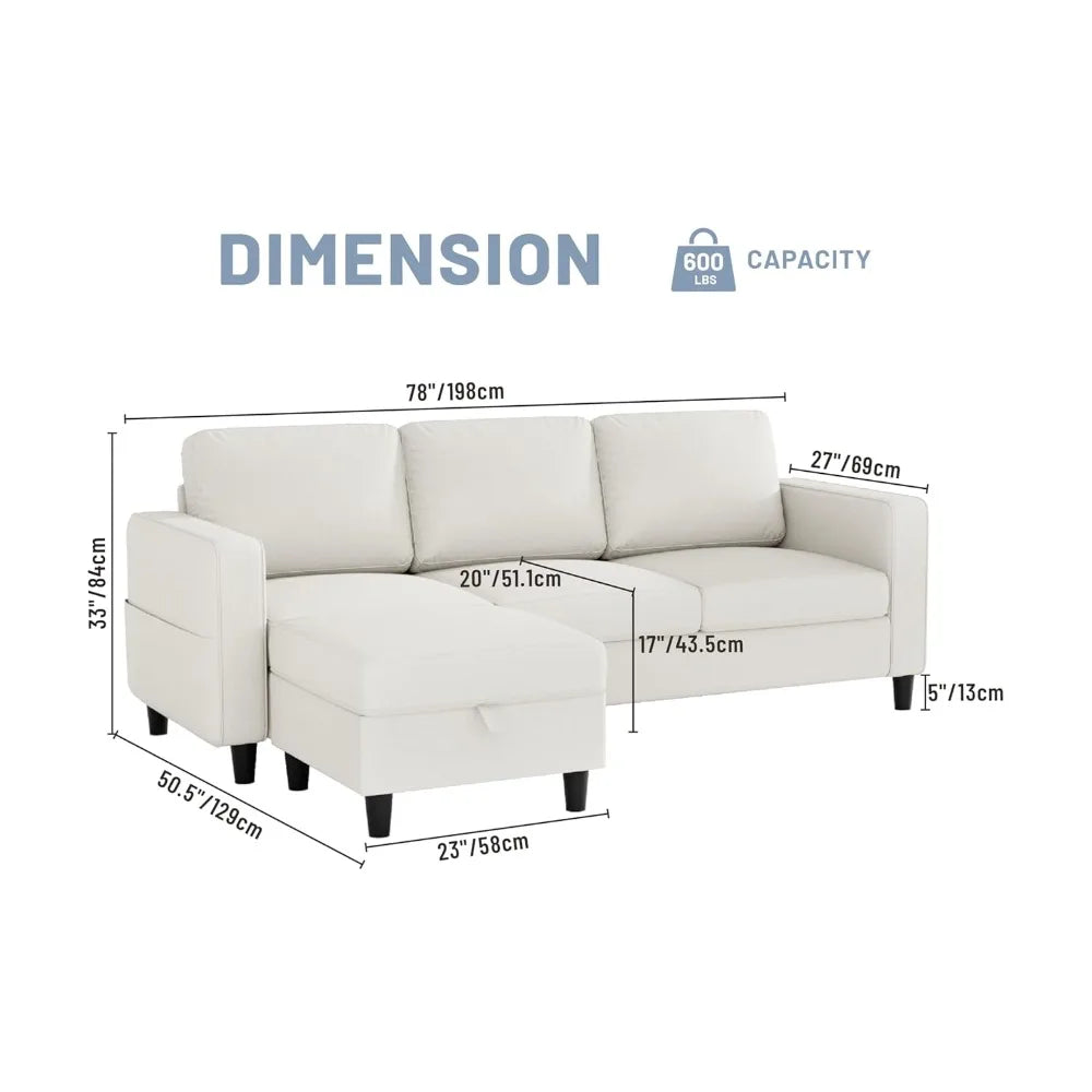78" L Shaped Couch with Removable Storage Ottoman