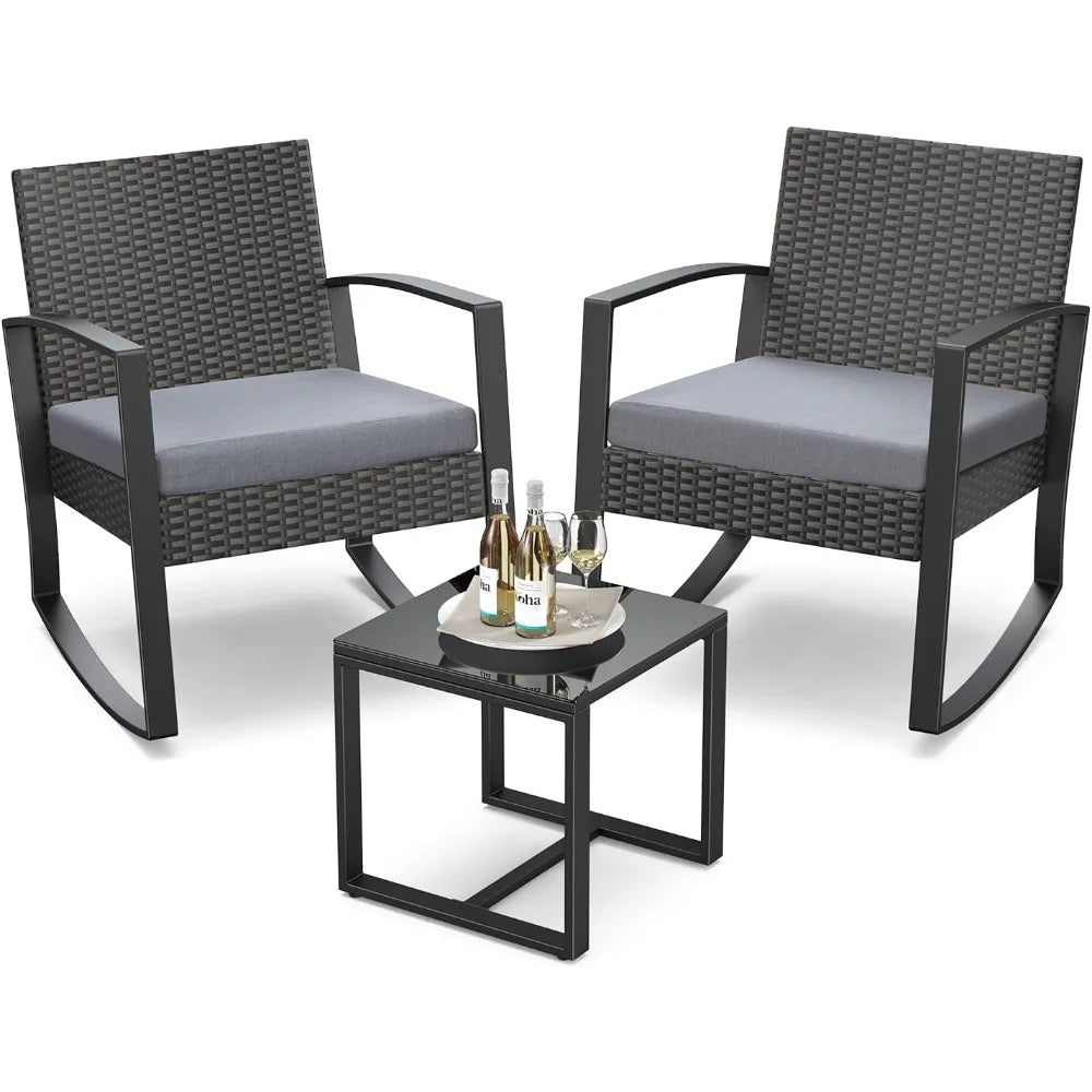 3‑Piece Outdoor Rocking Bistro Set – Rattan Conversation Chairs with Coffee Table for Balcony, Garden & Poolside