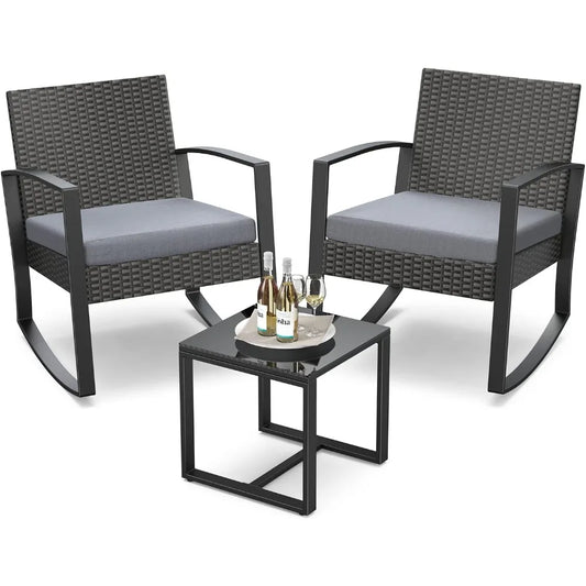 3‑Piece Outdoor Rocking Bistro Set – Rattan Conversation Chairs with Coffee Table for Balcony, Garden & Poolside
