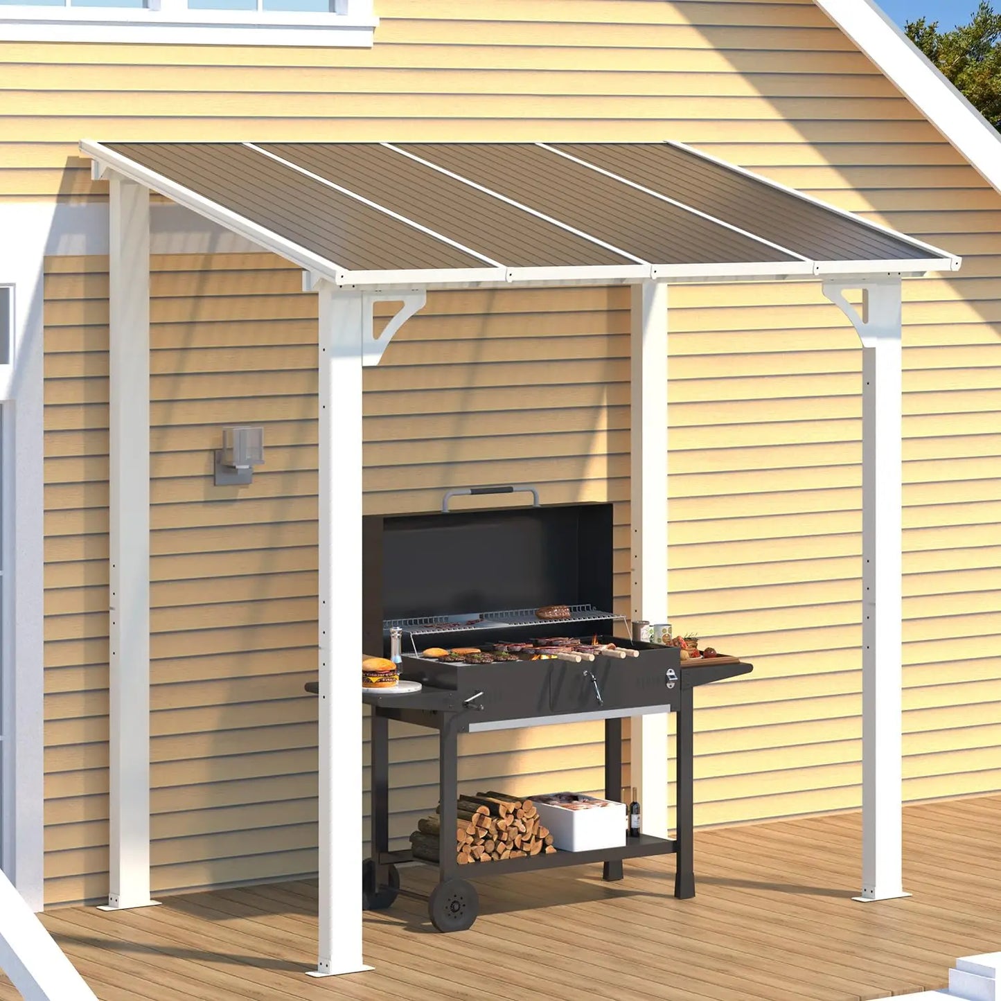 Lean-to Hardtop Grill Gazebo Shelter with Roof, Wall-Mounted Heavy Duty Awning for Patio, Deck, or Outdoor BBQ