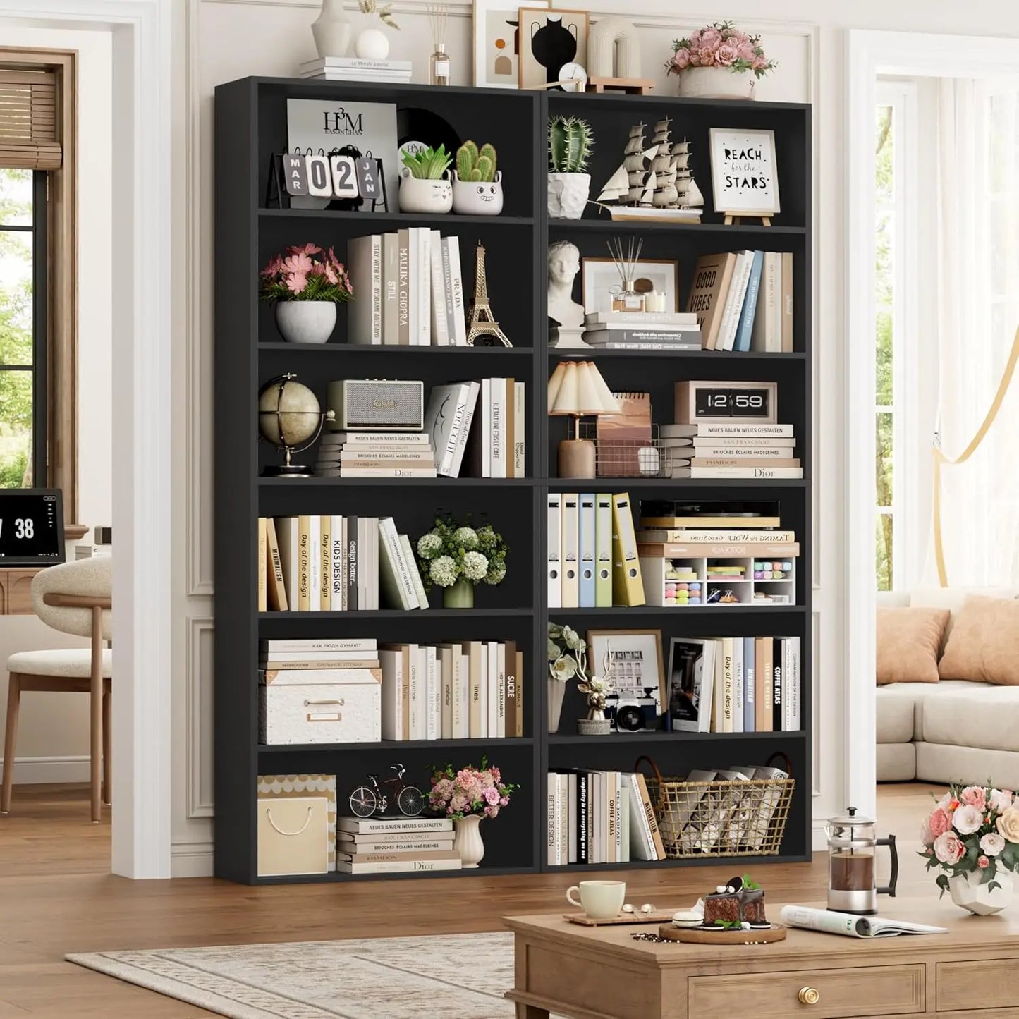 6-Tier Freestanding Open Bookcase Set | 2-Pack Tall Display Storage Shelves