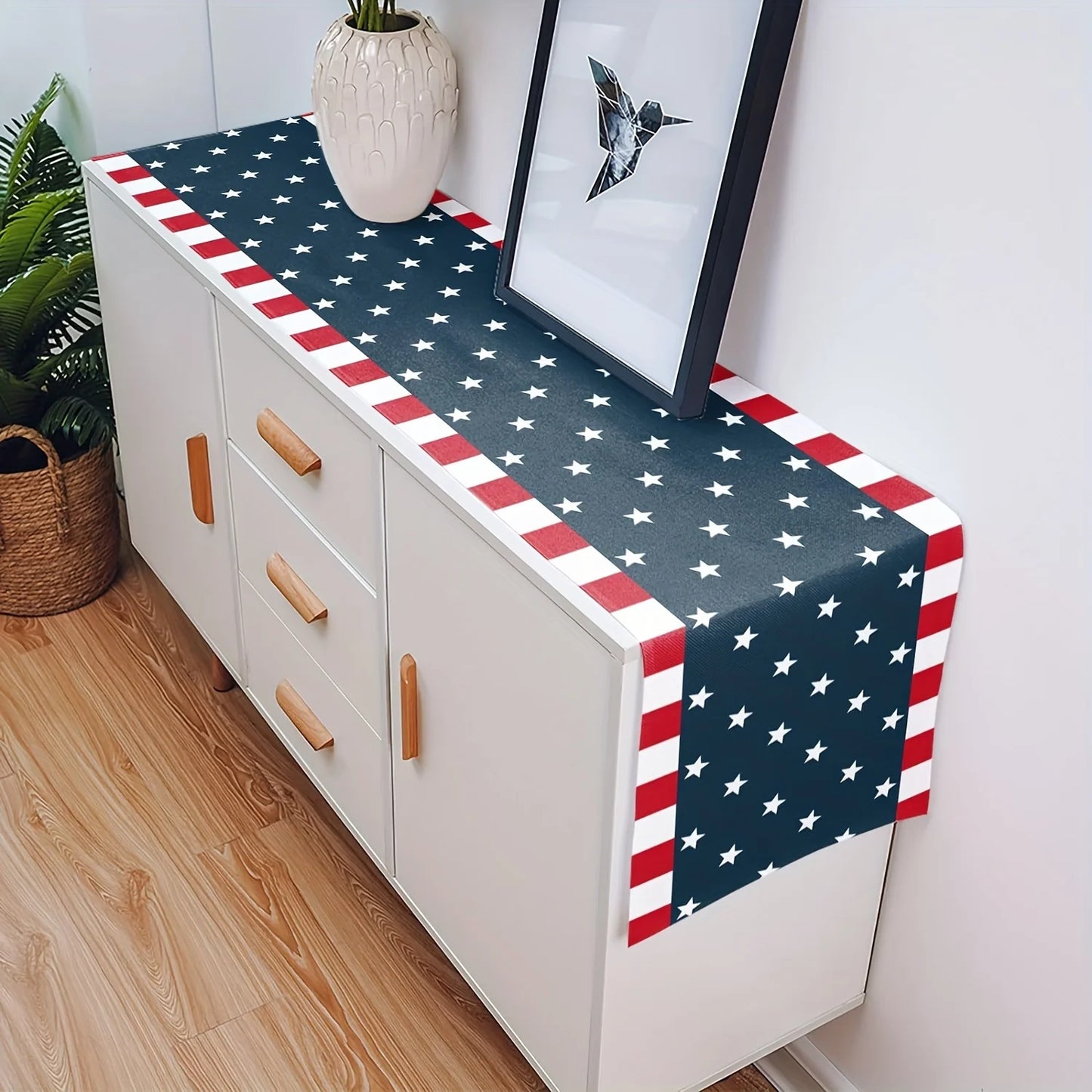 Patriotic American Flag Linen Table Runner - Stars & Stripes 4th of July Decor, Accent for Independence Day Party