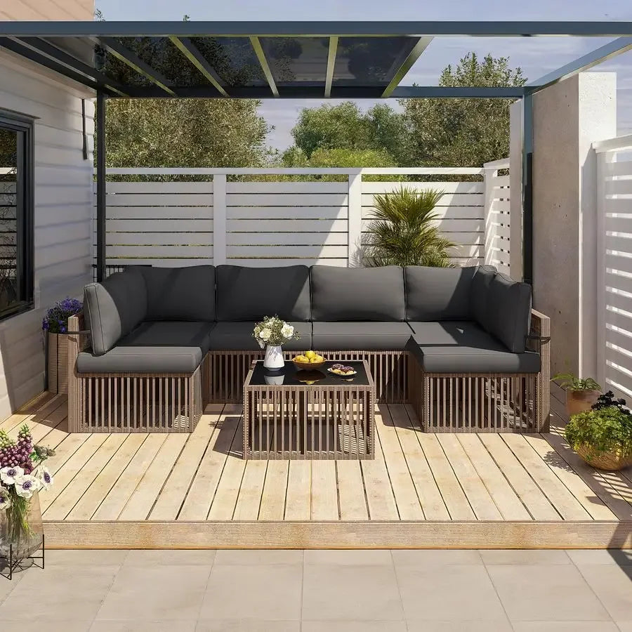 7 Piece Outdoor Sectional Sofa Set, AllWeather with Washable Cushions, Waterproof Brown Rattan Wicker