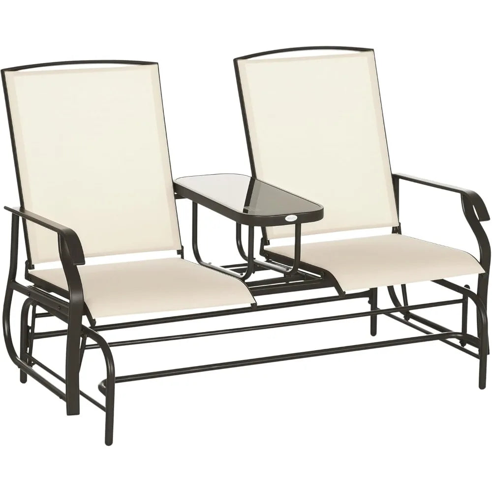 Outdoor Glider Bench with Center Table, Metal Frame Patio Loveseat, Breathable Mesh Fabric, with Armrests