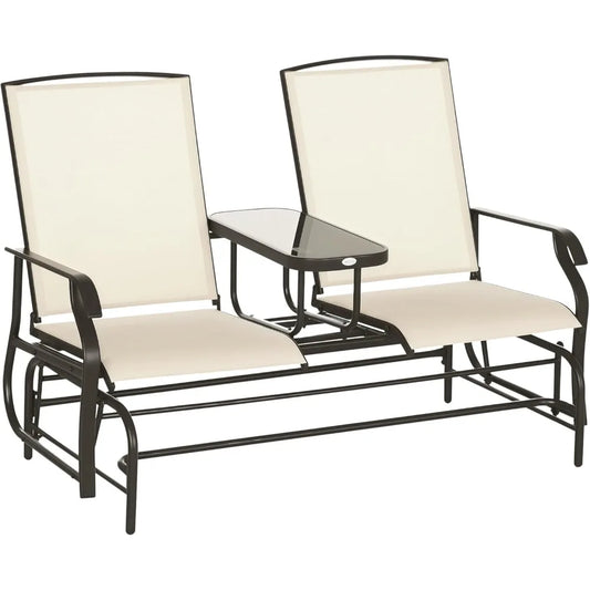 Outdoor Glider Bench with Center Table, Metal Frame Patio Loveseat, Breathable Mesh Fabric, with Armrests