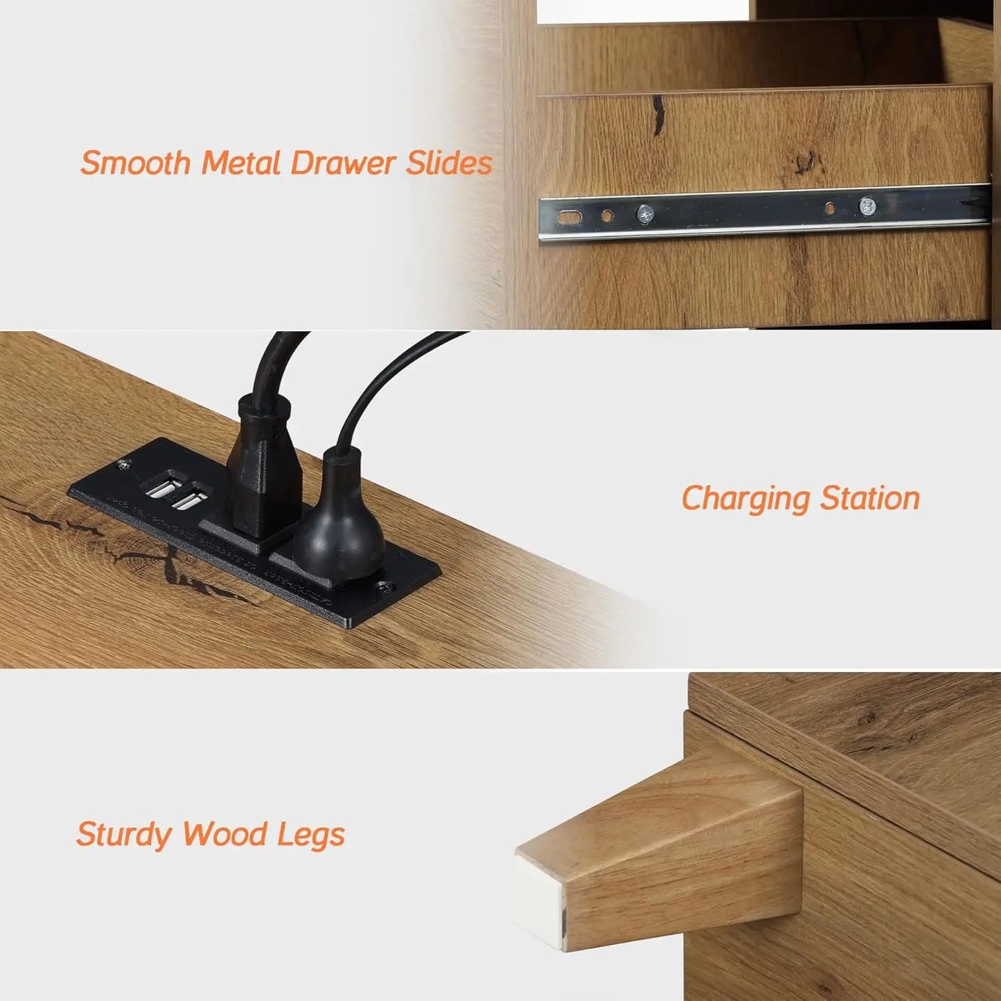 Nightstands with Charging Station – Wood Bedside Tables with 2 Drawers & AC Outlets