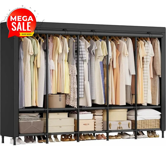 Portable Closet Organizer with Fabric Cover, 5 Rails, 10 Shelves, Black