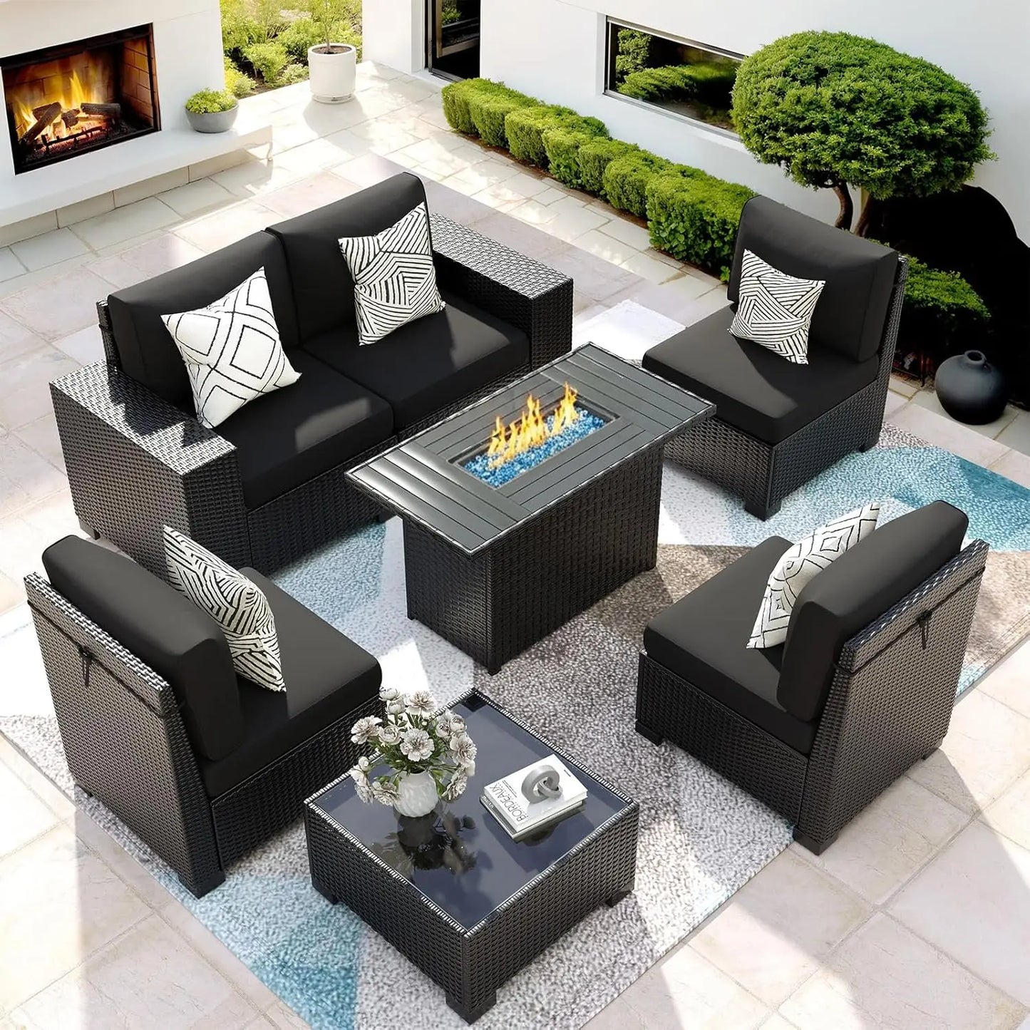 7‑Piece Patio Furniture Set with Fire Pit Table – Wicker Rattan Outdoor Sectional Conversation Set