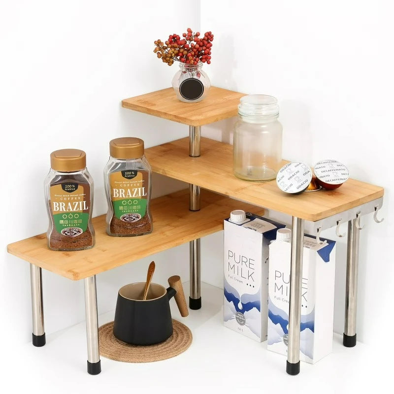 3-Tier Bamboo Corner Organizer – Tiered Countertop Storage Shelf - Black