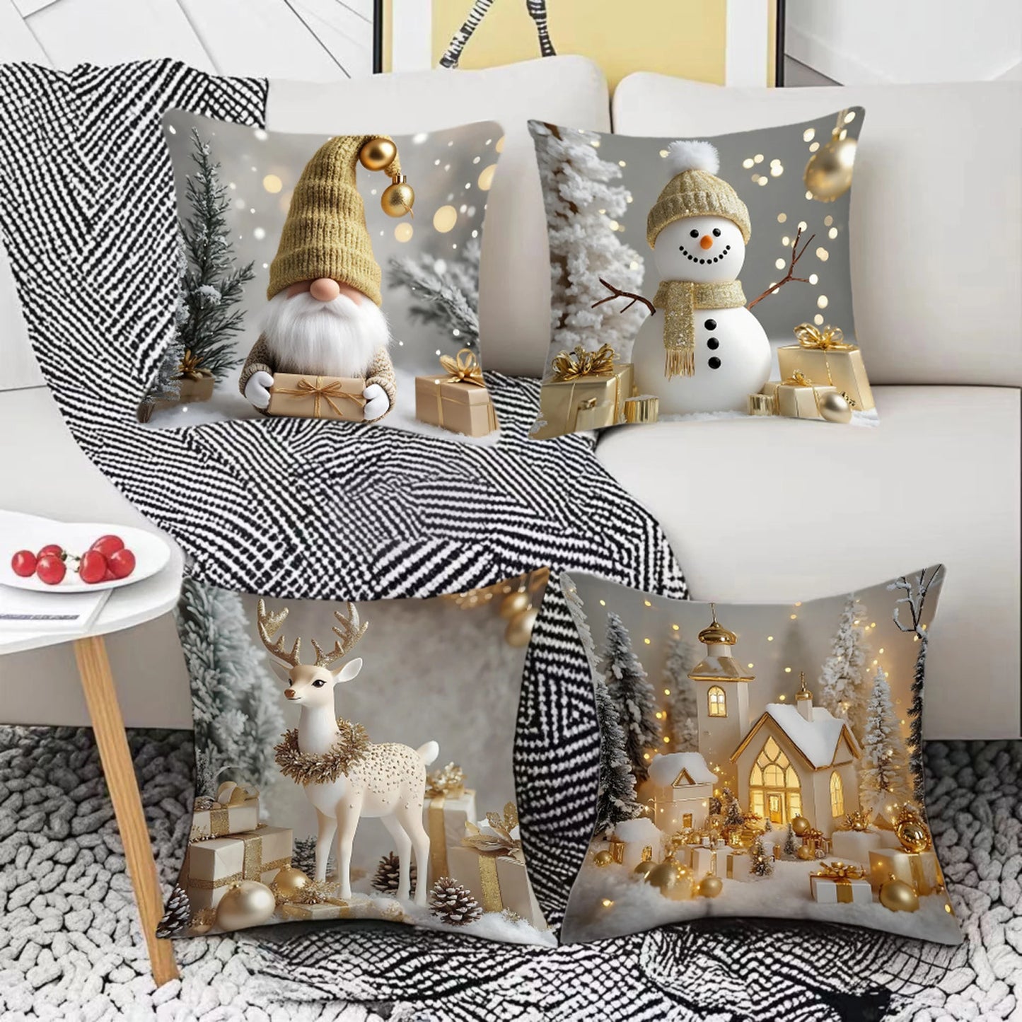 Christmas Pillow Covers (4‑Pack) – Festive Santa, Snowman, Reindeer & Tree Designs